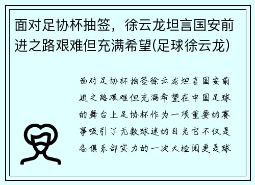 面对足协杯抽签，徐云龙坦言国安前进之路艰难但充满希望(足球徐云龙)