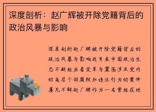 深度剖析：赵广辉被开除党籍背后的政治风暴与影响