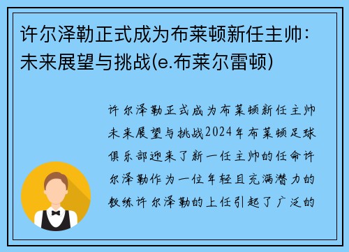 许尔泽勒正式成为布莱顿新任主帅：未来展望与挑战(e.布莱尔雷顿)
