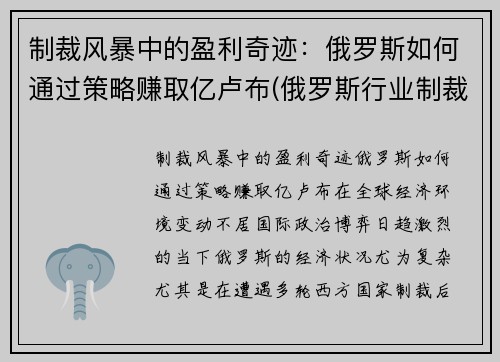 制裁风暴中的盈利奇迹：俄罗斯如何通过策略赚取亿卢布(俄罗斯行业制裁名单)