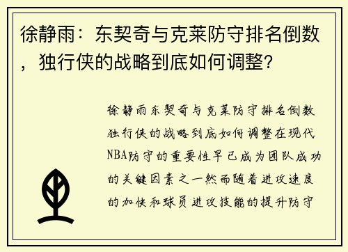 徐静雨：东契奇与克莱防守排名倒数，独行侠的战略到底如何调整？