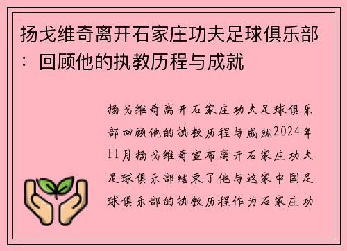 扬戈维奇离开石家庄功夫足球俱乐部：回顾他的执教历程与成就