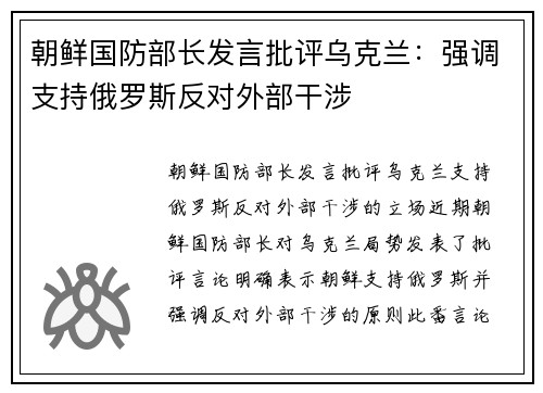 朝鲜国防部长发言批评乌克兰：强调支持俄罗斯反对外部干涉