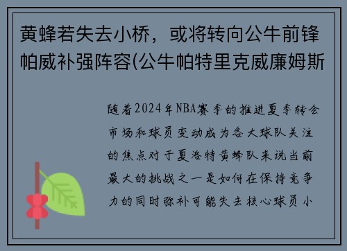 黄蜂若失去小桥，或将转向公牛前锋帕威补强阵容(公牛帕特里克威廉姆斯)