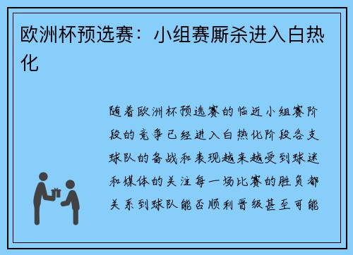欧洲杯预选赛：小组赛厮杀进入白热化