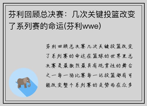 芬利回顾总决赛：几次关键投篮改变了系列赛的命运(芬利wwe)